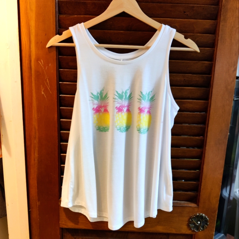 St. John's Bay white tank with rainbow pineapple cover up, flowy tank top